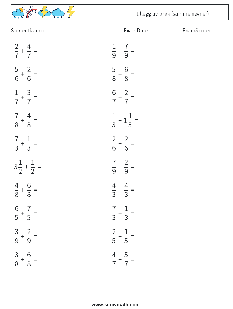 (20) tillegg av brøk (samme nevner) MathWorksheets 3