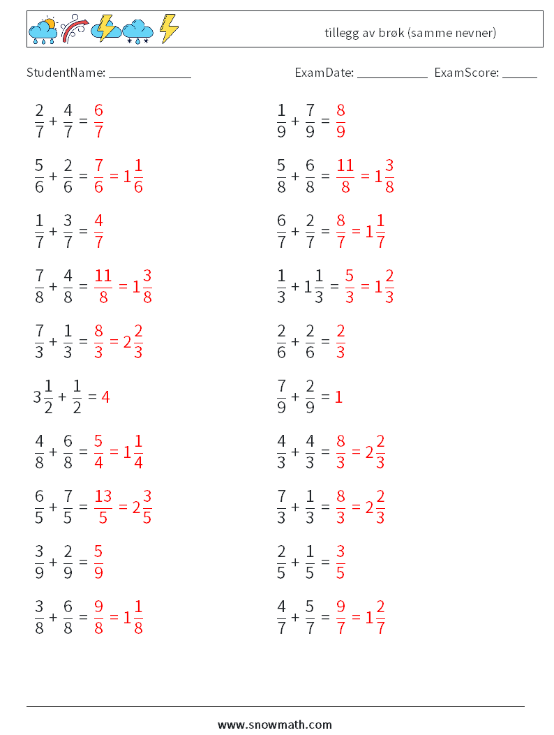 (20) tillegg av brøk (samme nevner) MathWorksheets 3 QuestionAnswer