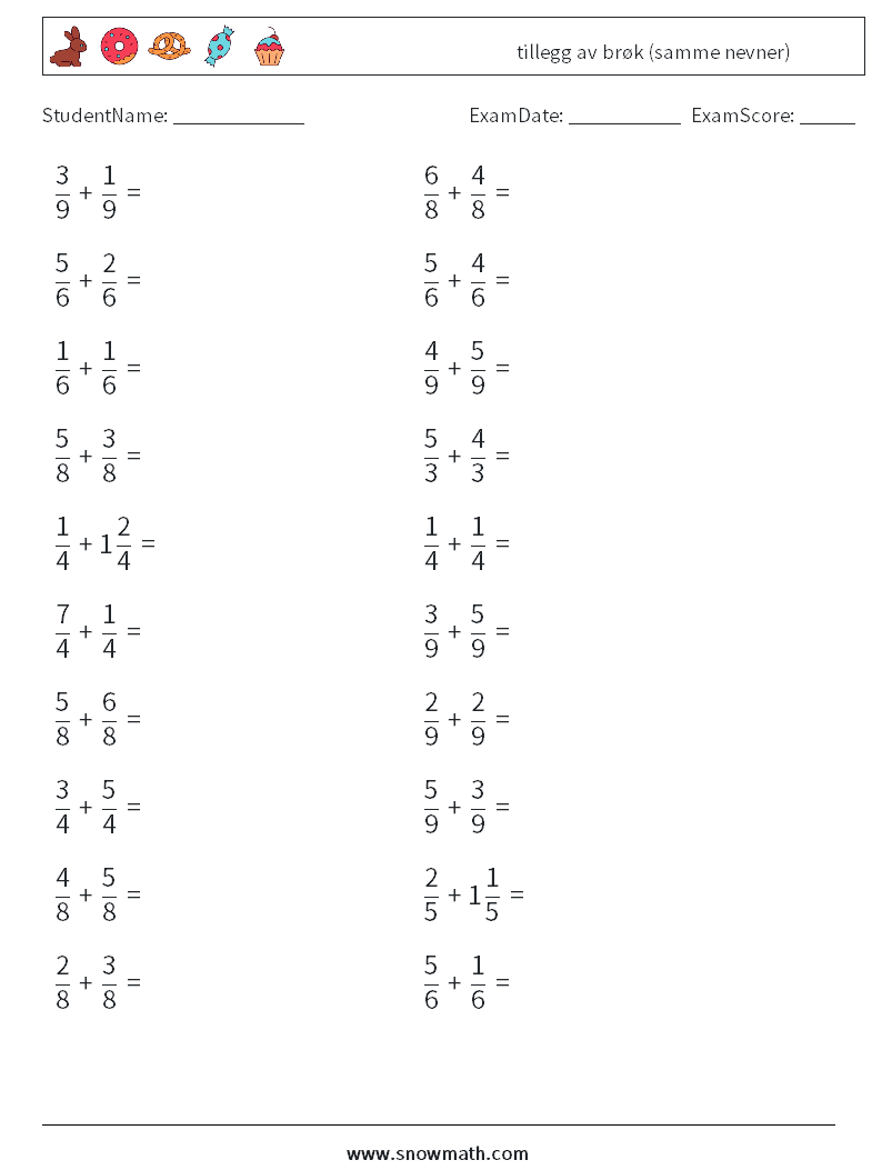 (20) tillegg av brøk (samme nevner) MathWorksheets 4