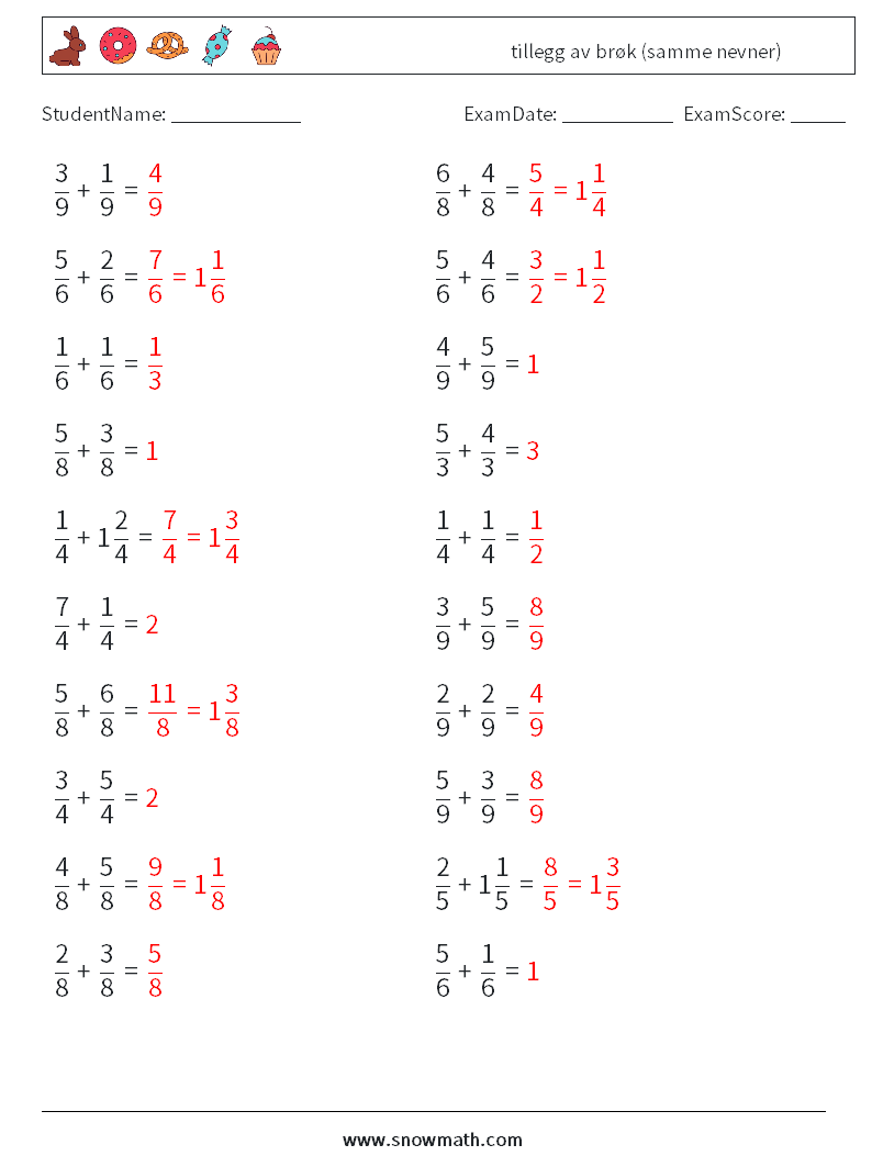 (20) tillegg av brøk (samme nevner) MathWorksheets 4 QuestionAnswer