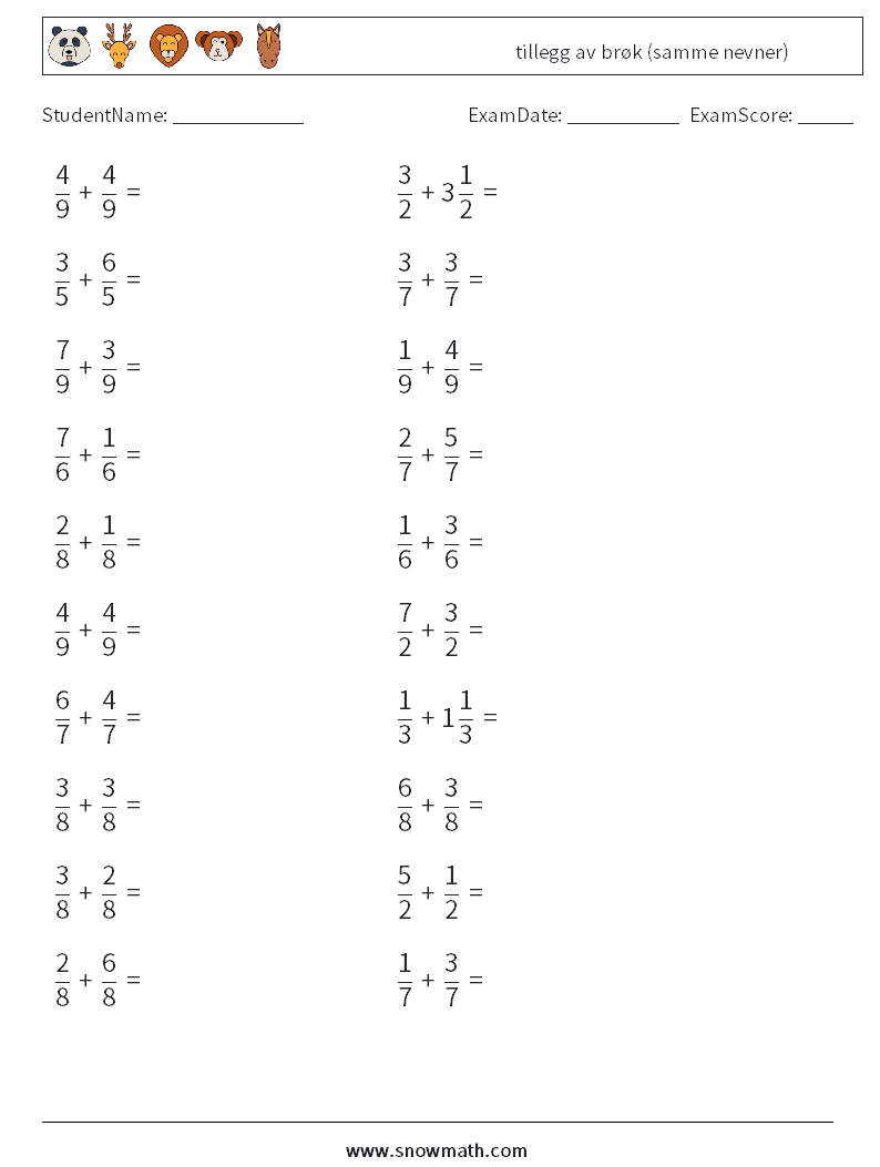 (20) tillegg av brøk (samme nevner) MathWorksheets 5