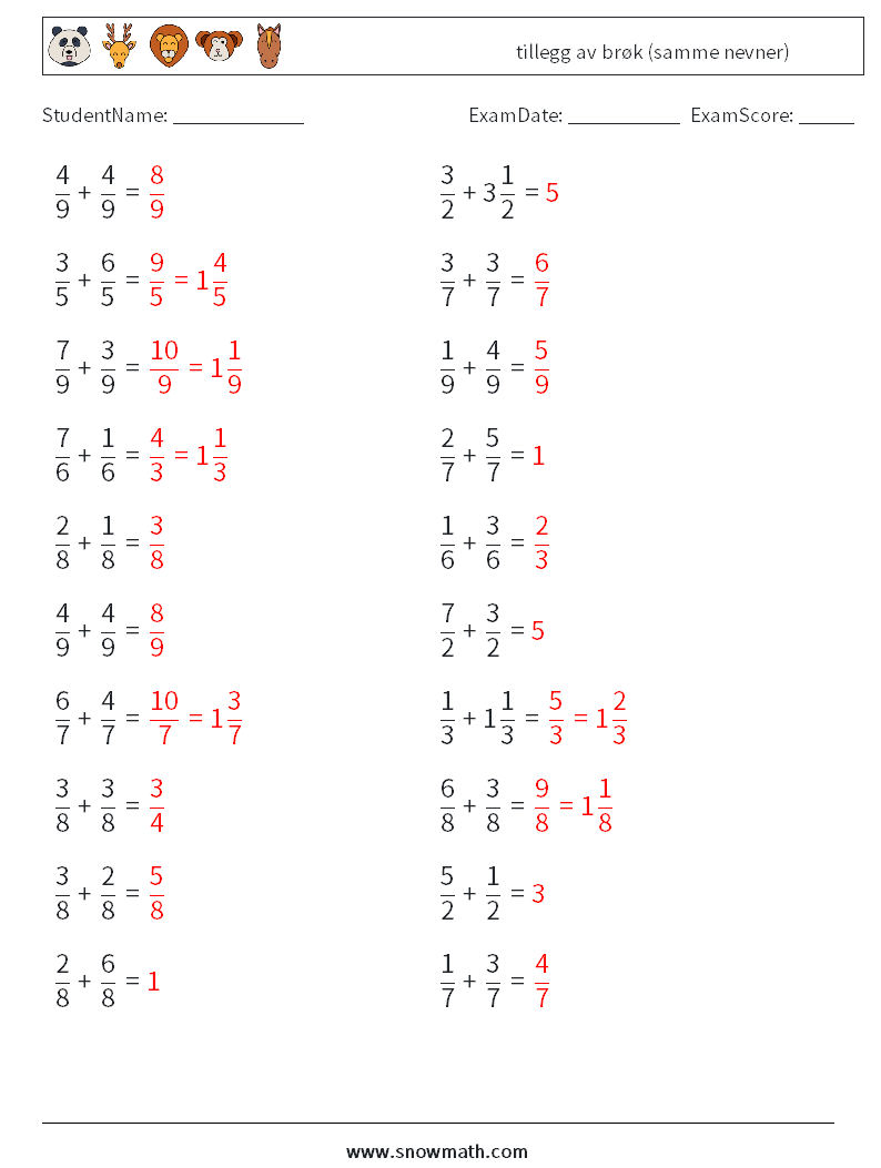 (20) tillegg av brøk (samme nevner) MathWorksheets 5 QuestionAnswer