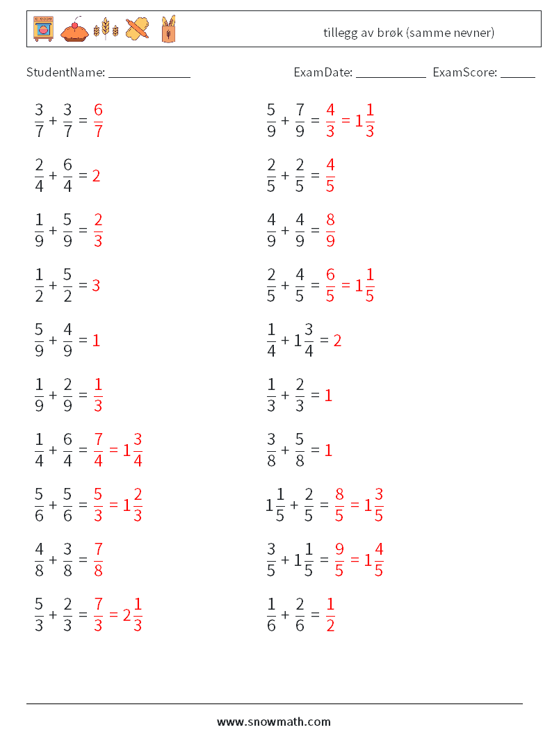 (20) tillegg av brøk (samme nevner) MathWorksheets 6 QuestionAnswer