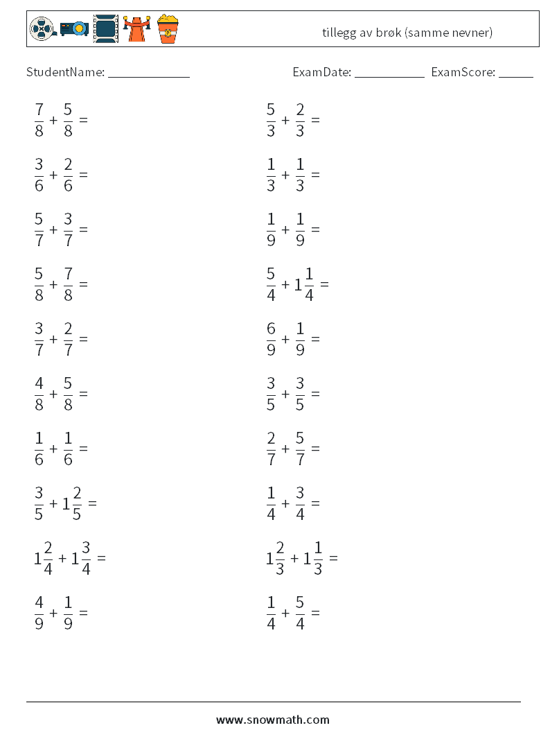 (20) tillegg av brøk (samme nevner) MathWorksheets 7