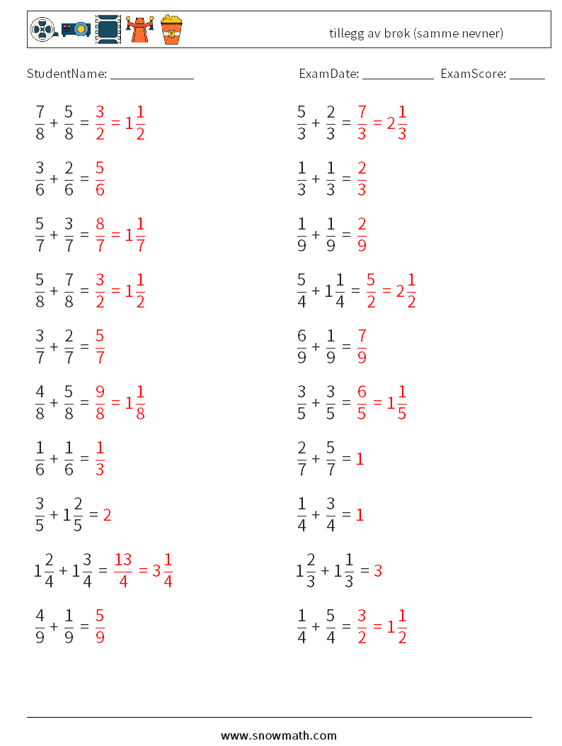 (20) tillegg av brøk (samme nevner) MathWorksheets 7 QuestionAnswer