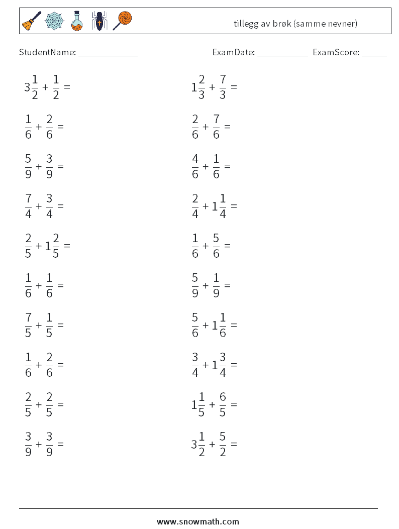 (20) tillegg av brøk (samme nevner) MathWorksheets 8