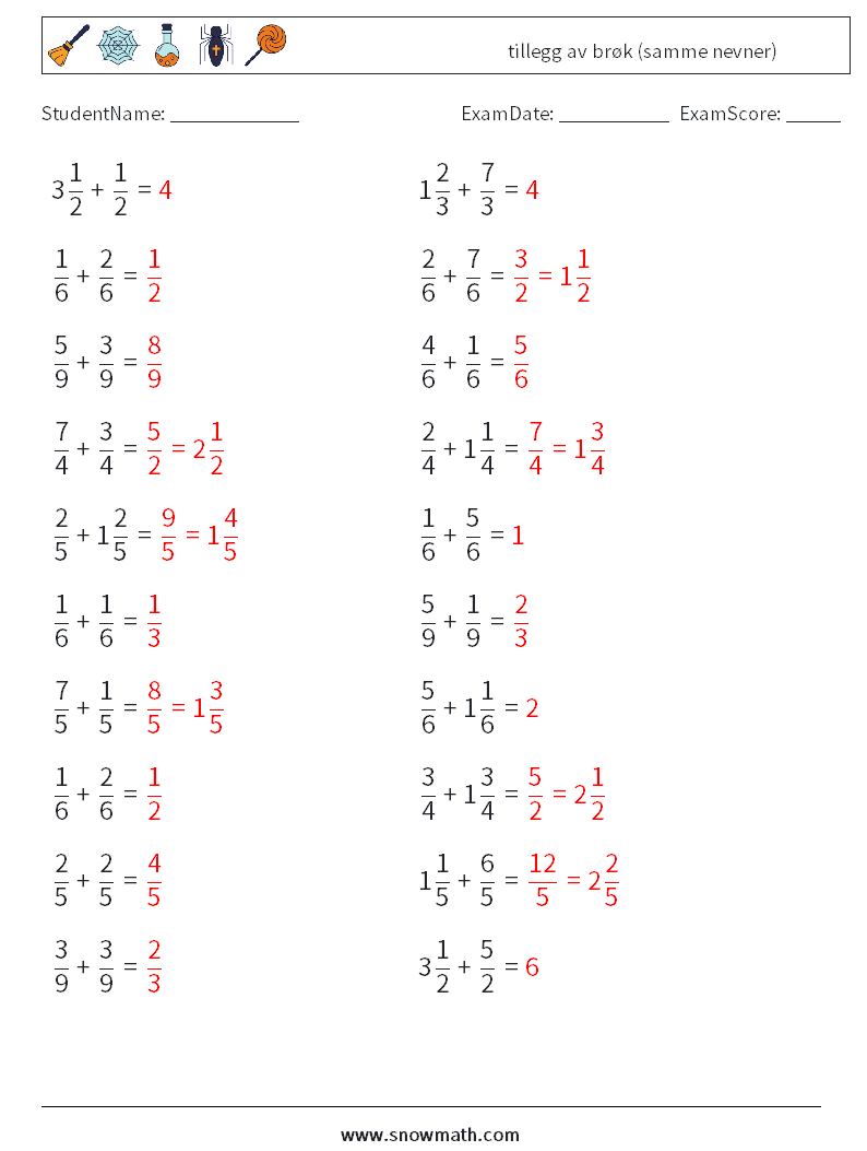 (20) tillegg av brøk (samme nevner) MathWorksheets 8 QuestionAnswer