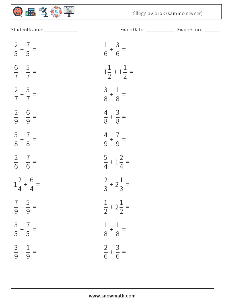 (20) tillegg av brøk (samme nevner) MathWorksheets 9