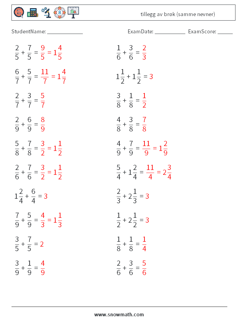 (20) tillegg av brøk (samme nevner) MathWorksheets 9 QuestionAnswer