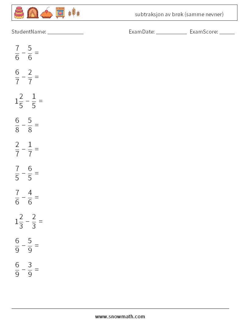 (10) subtraksjon av brøk (samme nevner) MathWorksheets 1