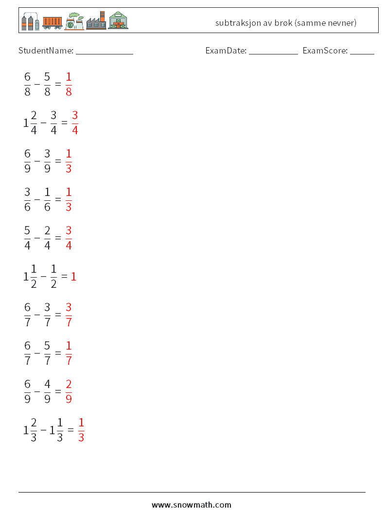 (10) subtraksjon av brøk (samme nevner) MathWorksheets 10 QuestionAnswer