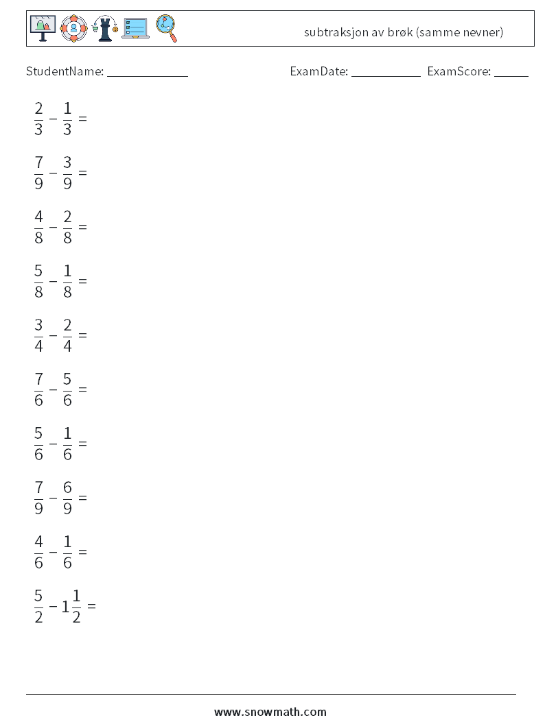 (10) subtraksjon av brøk (samme nevner) MathWorksheets 12