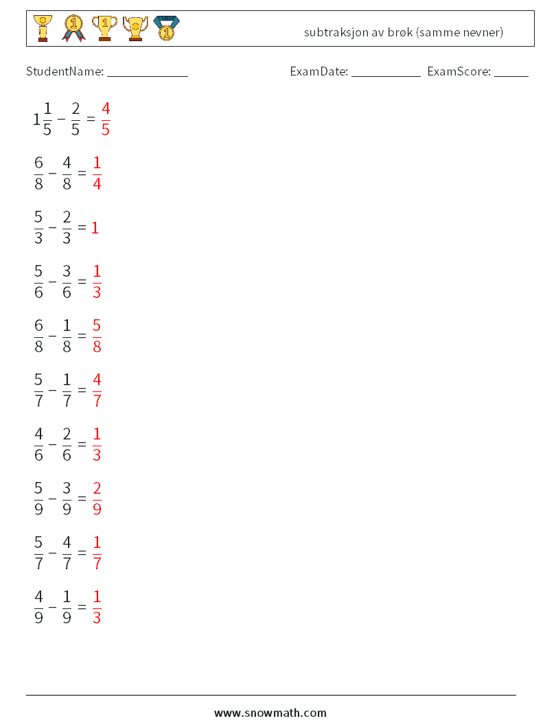 (10) subtraksjon av brøk (samme nevner) MathWorksheets 13 QuestionAnswer