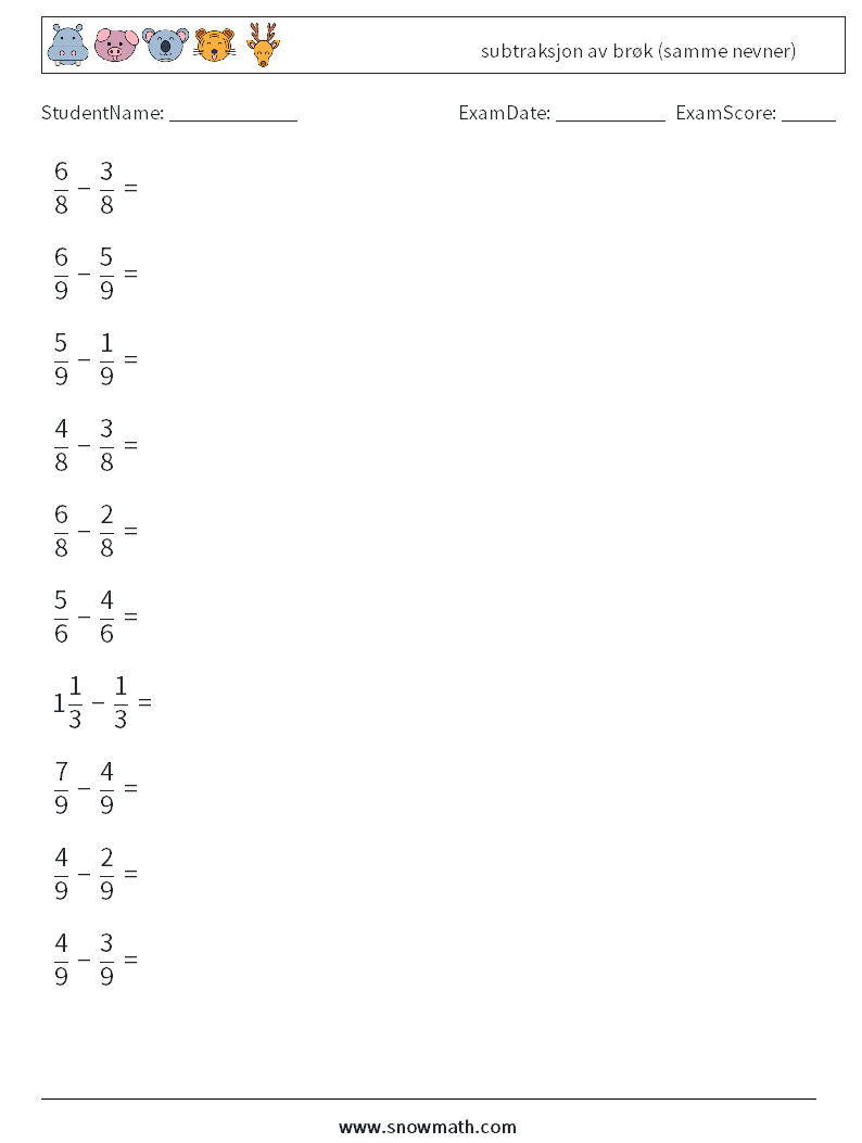 (10) subtraksjon av brøk (samme nevner) MathWorksheets 14