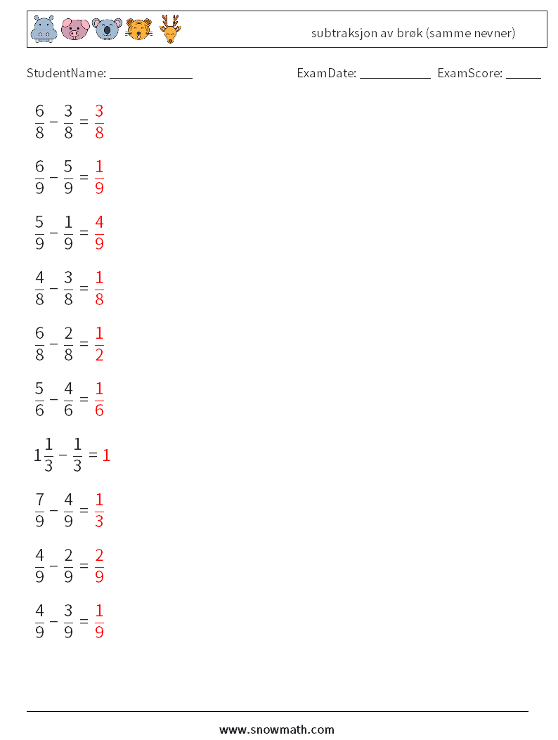 (10) subtraksjon av brøk (samme nevner) MathWorksheets 14 QuestionAnswer