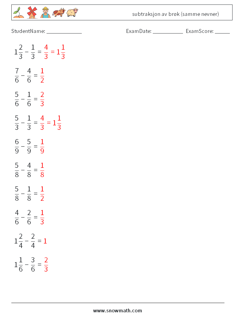 (10) subtraksjon av brøk (samme nevner) MathWorksheets 15 QuestionAnswer