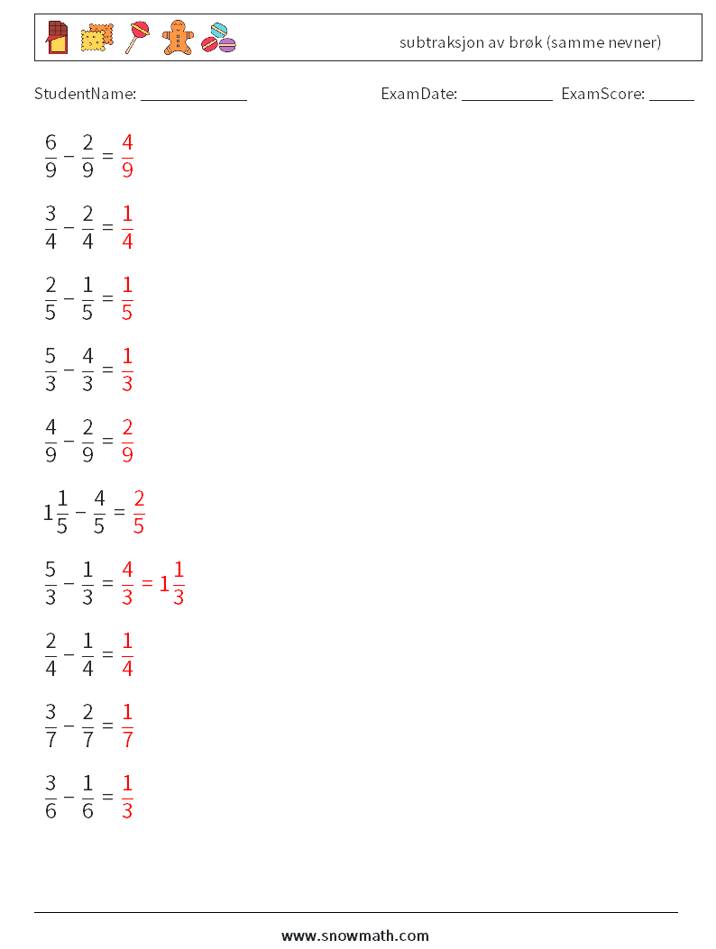 (10) subtraksjon av brøk (samme nevner) MathWorksheets 16 QuestionAnswer