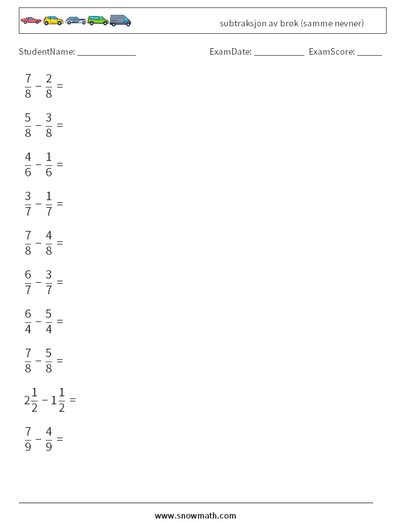 (10) subtraksjon av brøk (samme nevner) MathWorksheets 18