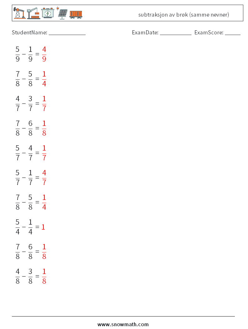 (10) subtraksjon av brøk (samme nevner) MathWorksheets 3 QuestionAnswer