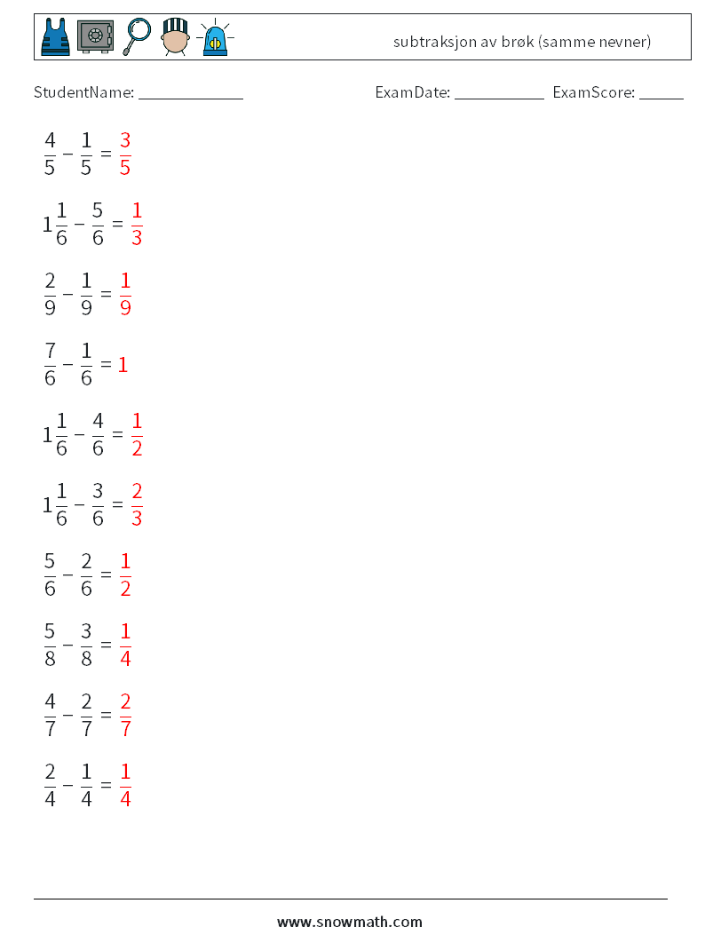 (10) subtraksjon av brøk (samme nevner) MathWorksheets 4 QuestionAnswer