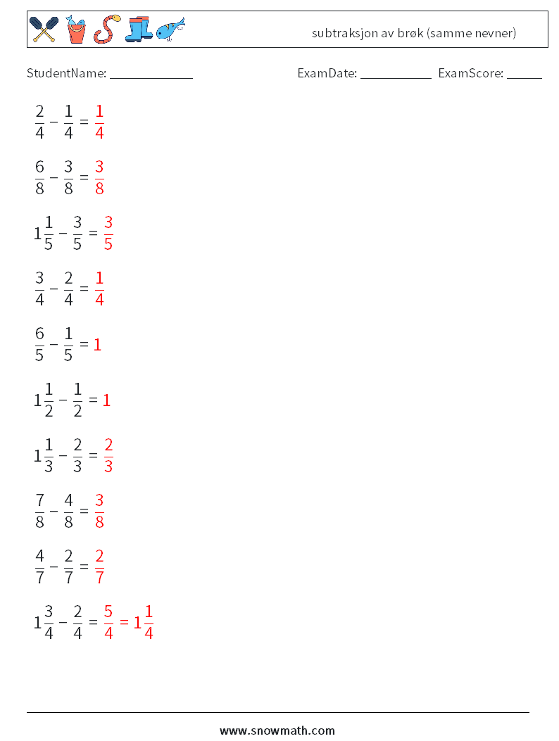 (10) subtraksjon av brøk (samme nevner) MathWorksheets 6 QuestionAnswer