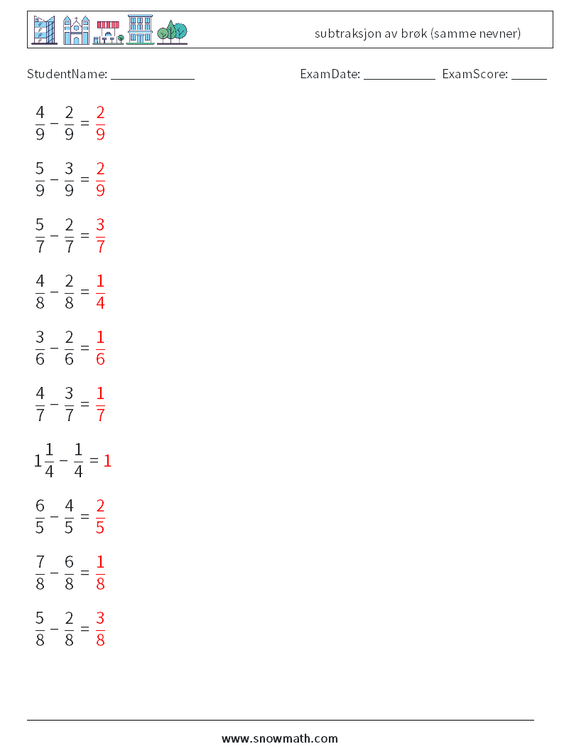 (10) subtraksjon av brøk (samme nevner) MathWorksheets 7 QuestionAnswer