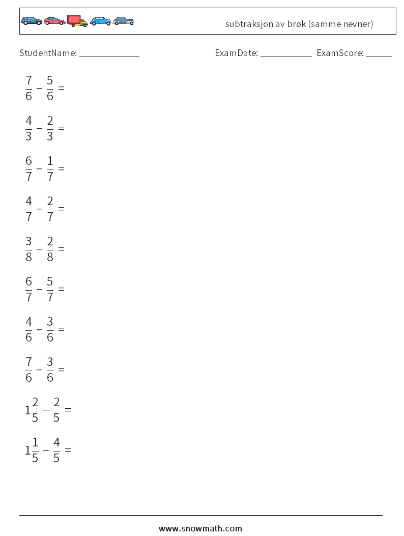 (10) subtraksjon av brøk (samme nevner) MathWorksheets 8