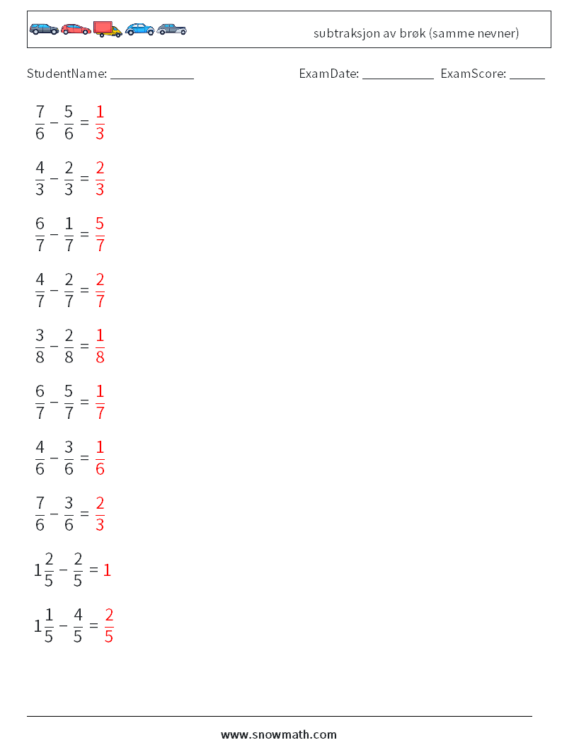 (10) subtraksjon av brøk (samme nevner) MathWorksheets 8 QuestionAnswer