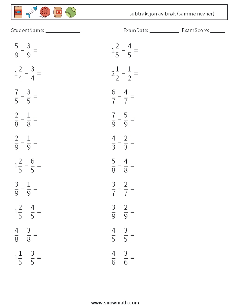 (20) subtraksjon av brøk (samme nevner) MathWorksheets 1