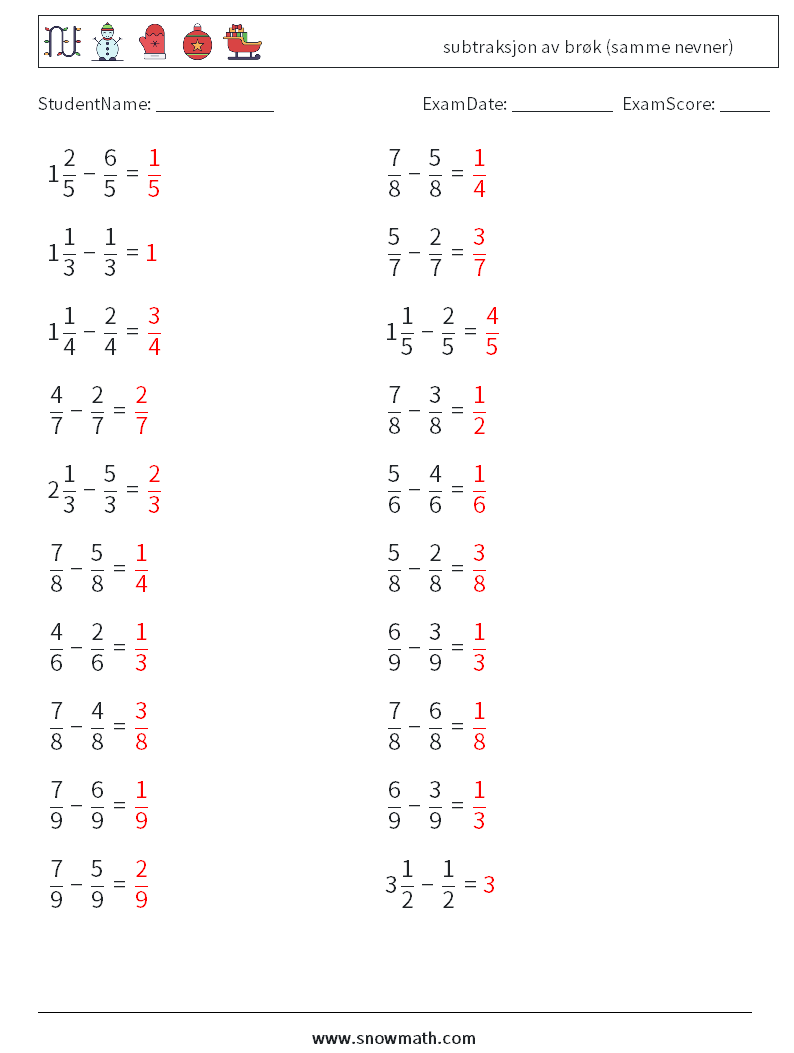 (20) subtraksjon av brøk (samme nevner) MathWorksheets 10 QuestionAnswer