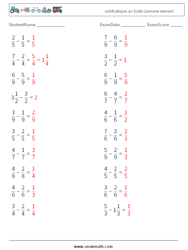 (20) subtraksjon av brøk (samme nevner) MathWorksheets 13 QuestionAnswer