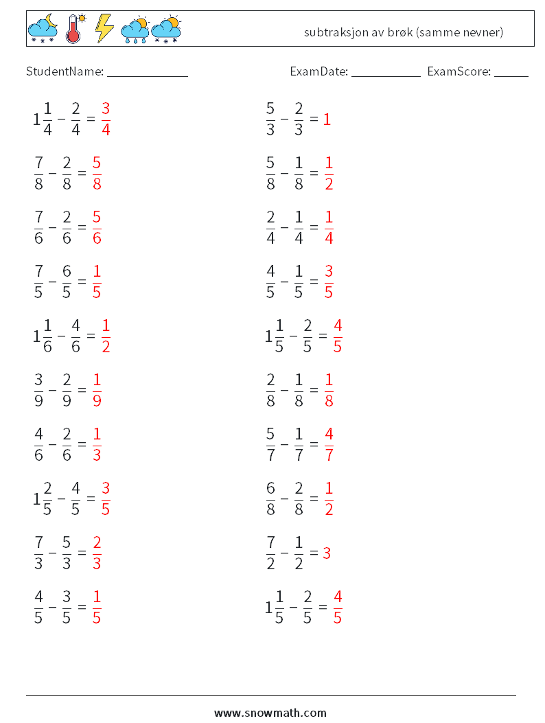 (20) subtraksjon av brøk (samme nevner) MathWorksheets 14 QuestionAnswer