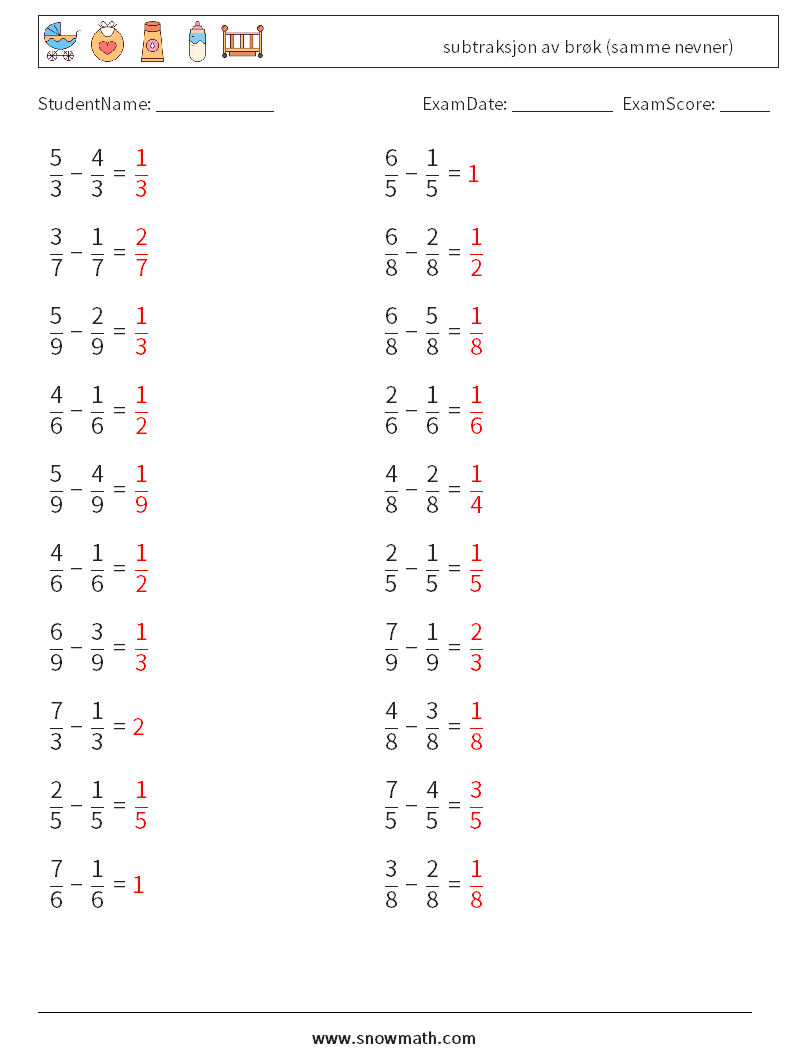 (20) subtraksjon av brøk (samme nevner) MathWorksheets 17 QuestionAnswer