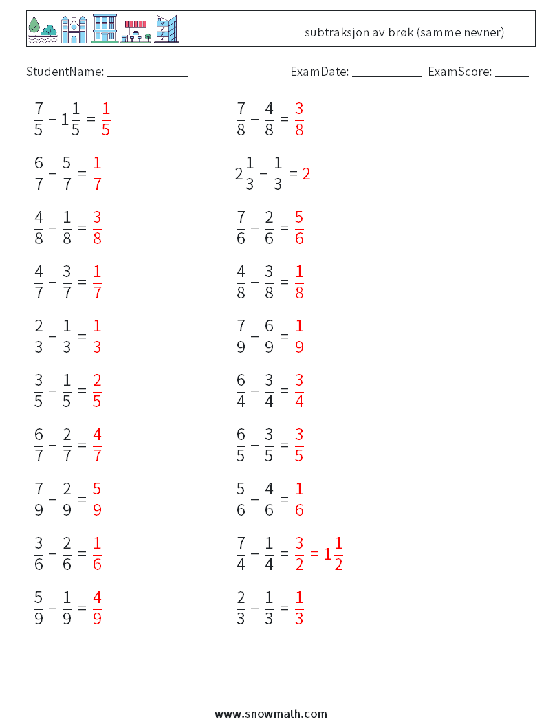 (20) subtraksjon av brøk (samme nevner) MathWorksheets 4 QuestionAnswer