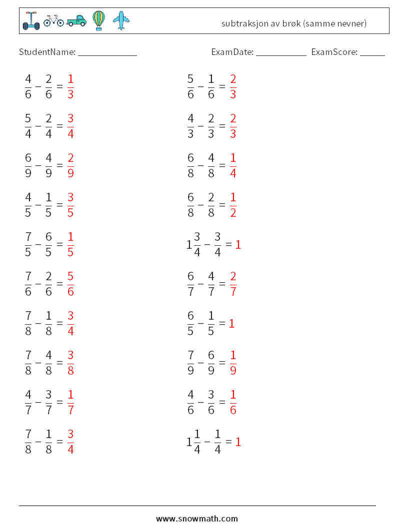 (20) subtraksjon av brøk (samme nevner) MathWorksheets 9 QuestionAnswer