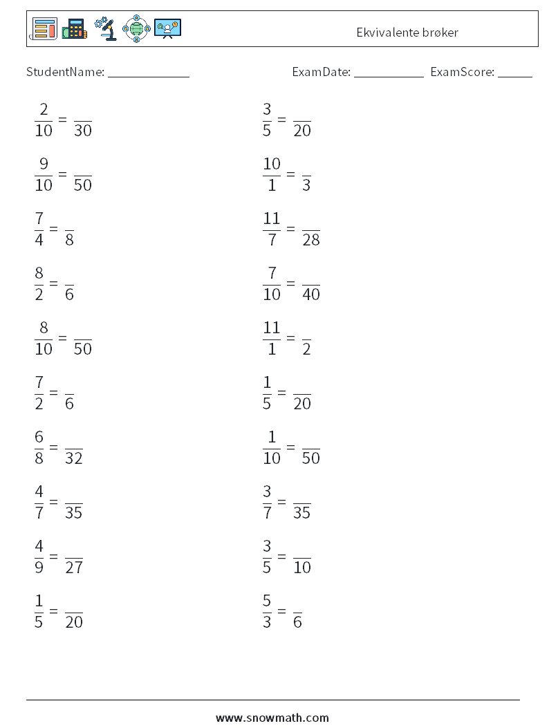 (20) Ekvivalente brøker MathWorksheets 4