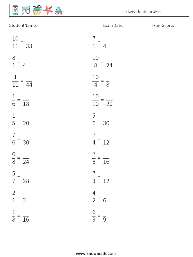 (20) Ekvivalente brøker MathWorksheets 5