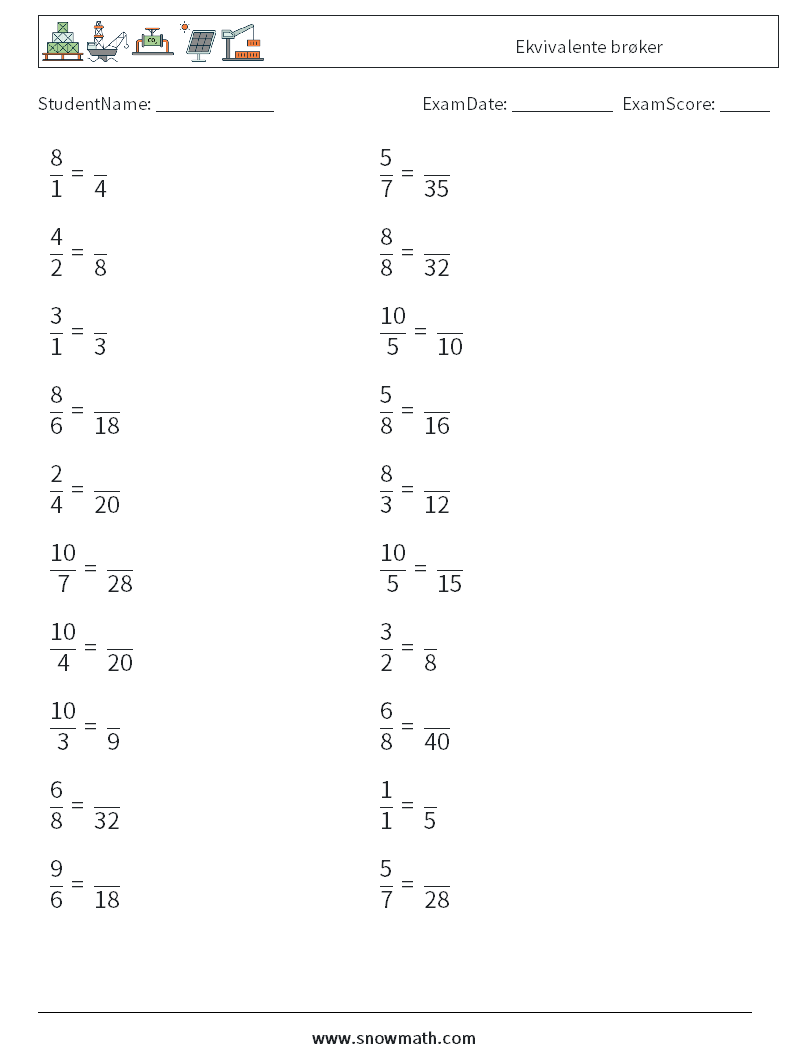 (20) Ekvivalente brøker MathWorksheets 7