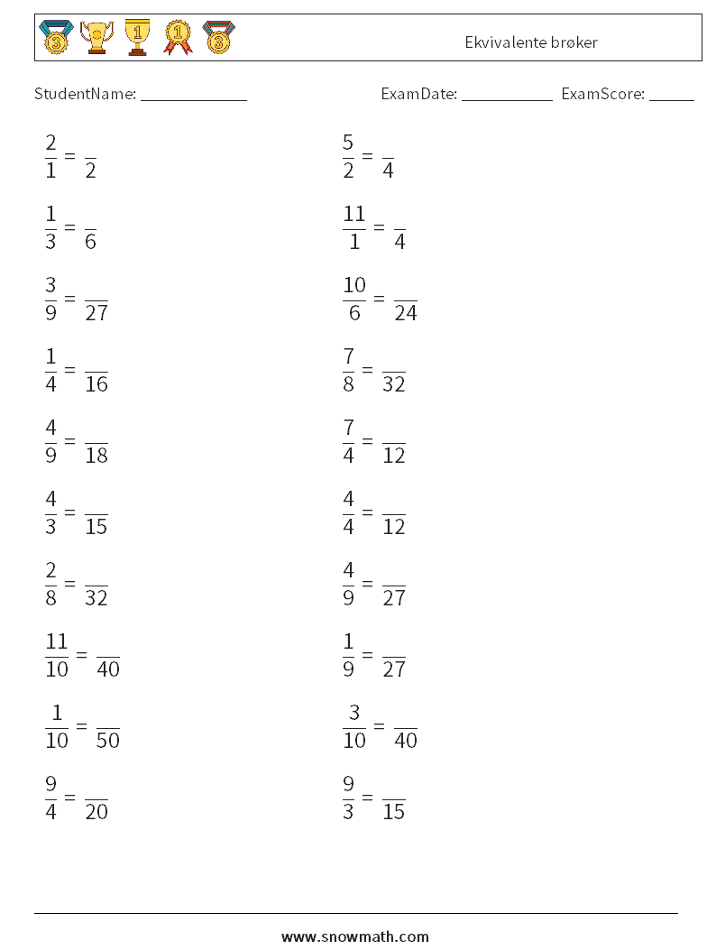 (20) Ekvivalente brøker MathWorksheets 8