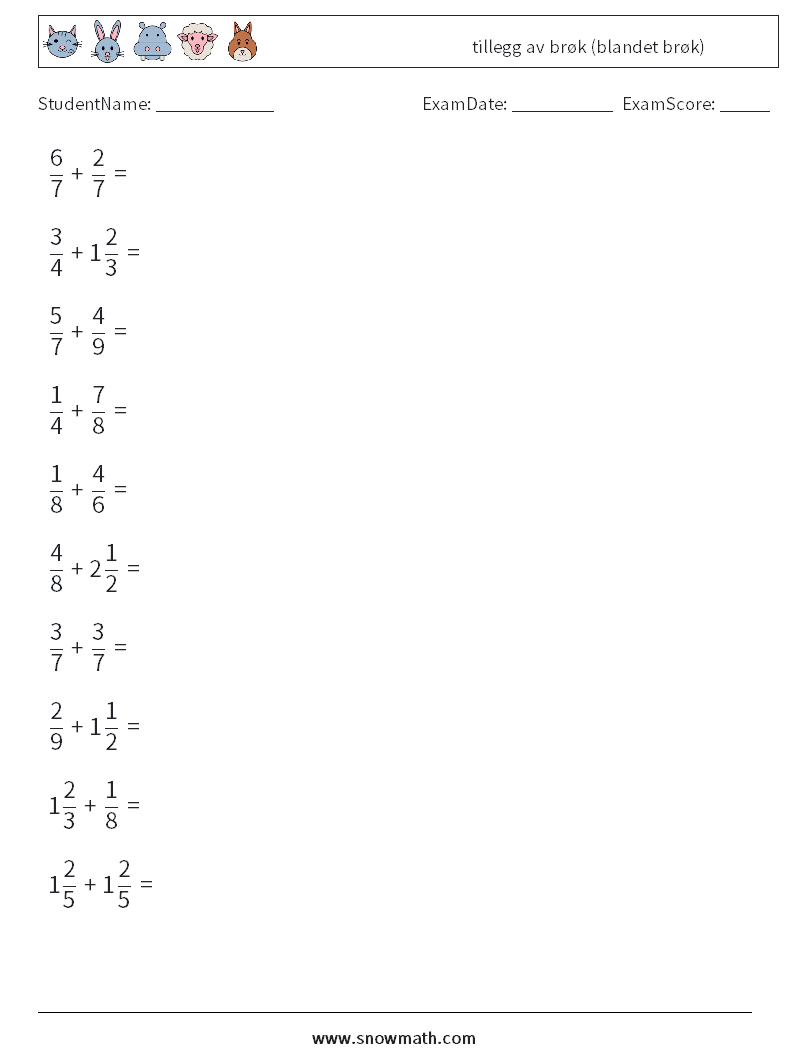 (10) tillegg av brøk (blandet brøk) MathWorksheets 1