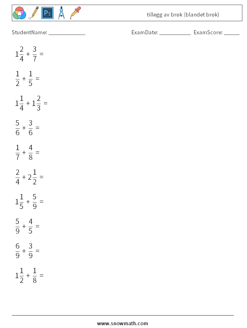 (10) tillegg av brøk (blandet brøk) MathWorksheets 10