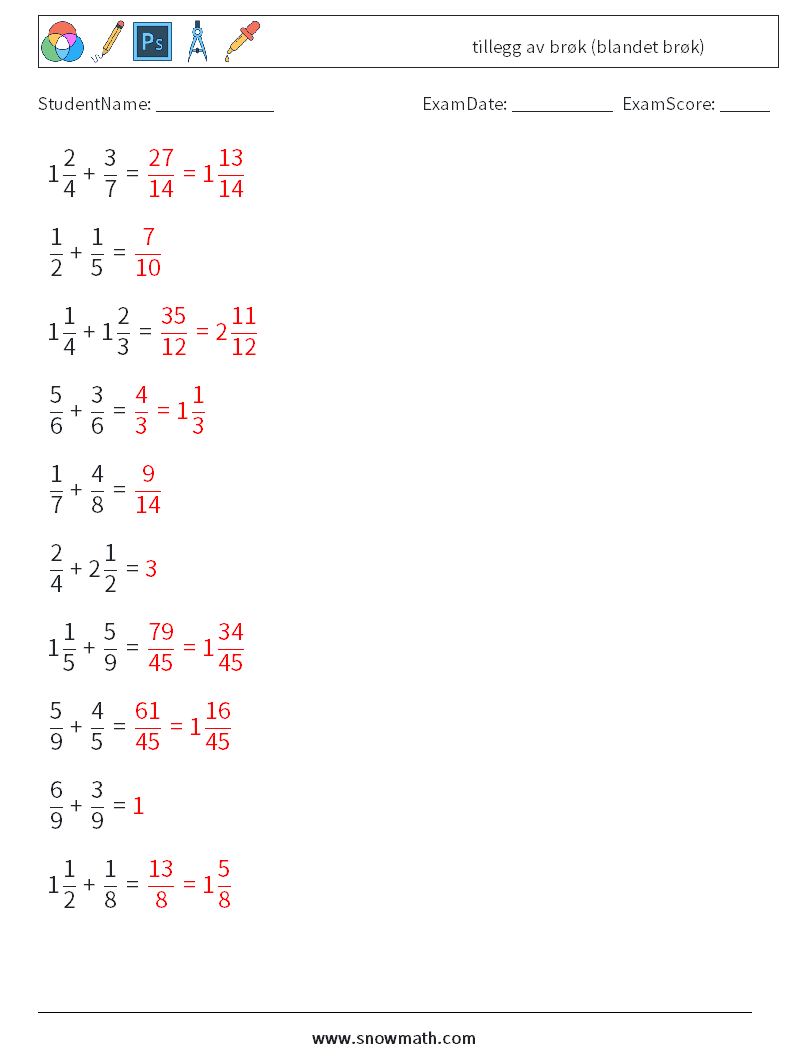 (10) tillegg av brøk (blandet brøk) MathWorksheets 10 QuestionAnswer