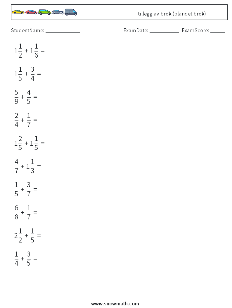 (10) tillegg av brøk (blandet brøk) MathWorksheets 12