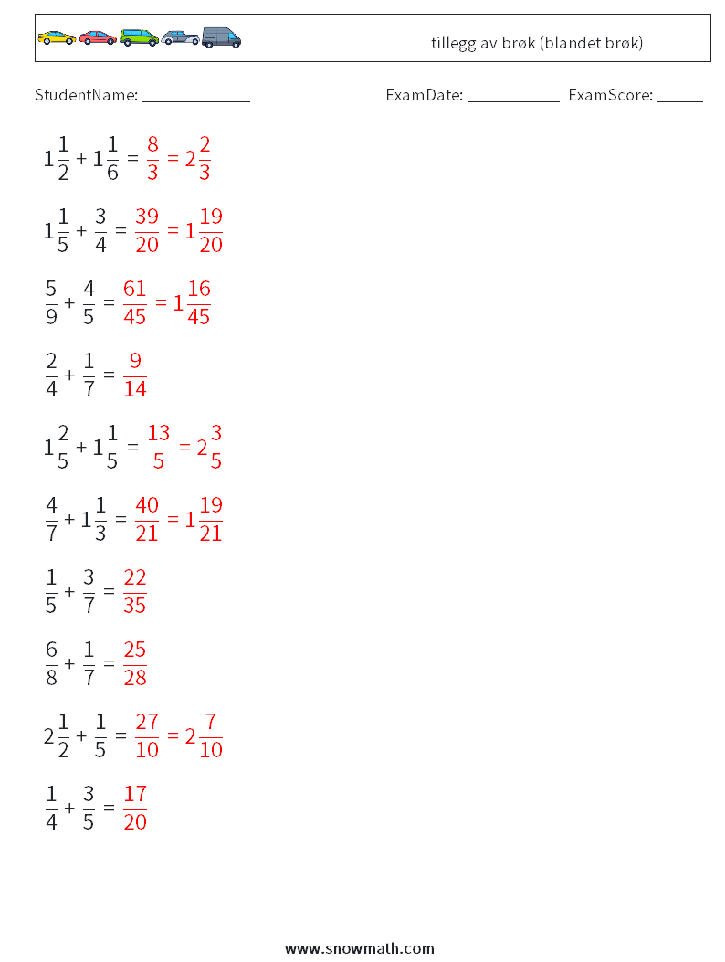 (10) tillegg av brøk (blandet brøk) MathWorksheets 12 QuestionAnswer