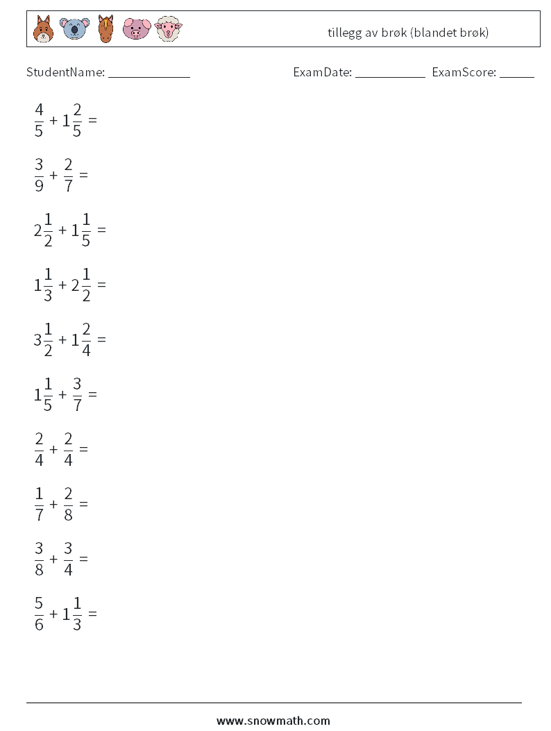 (10) tillegg av brøk (blandet brøk) MathWorksheets 13