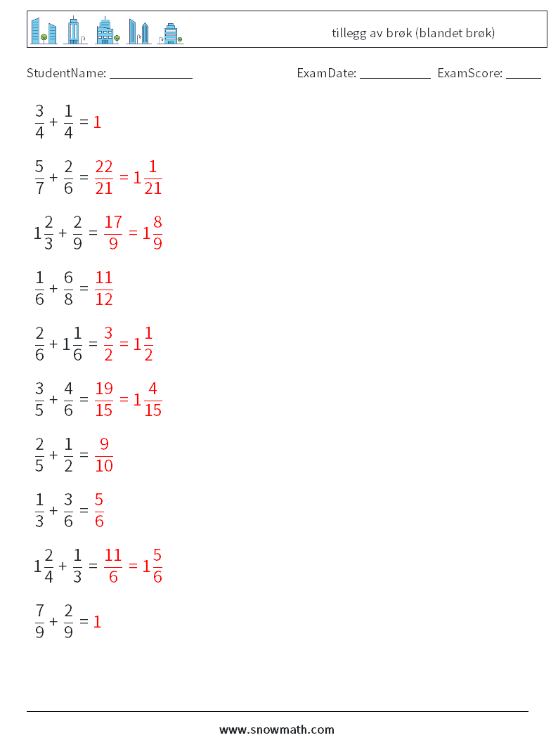 (10) tillegg av brøk (blandet brøk) MathWorksheets 14 QuestionAnswer