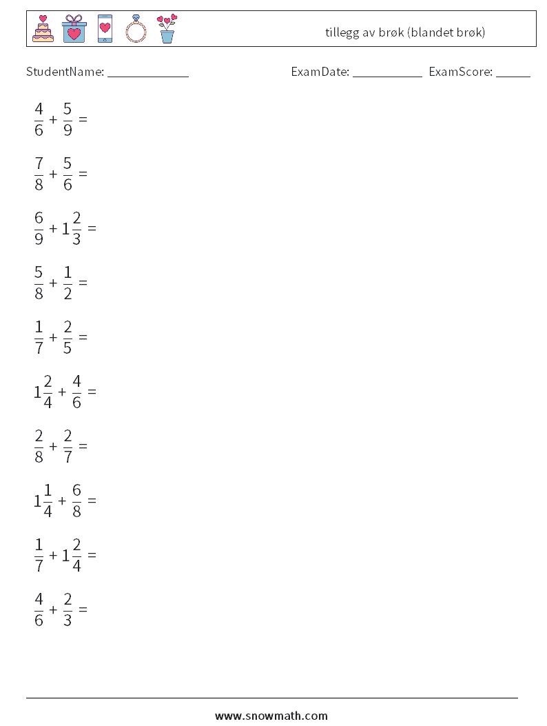 (10) tillegg av brøk (blandet brøk) MathWorksheets 15