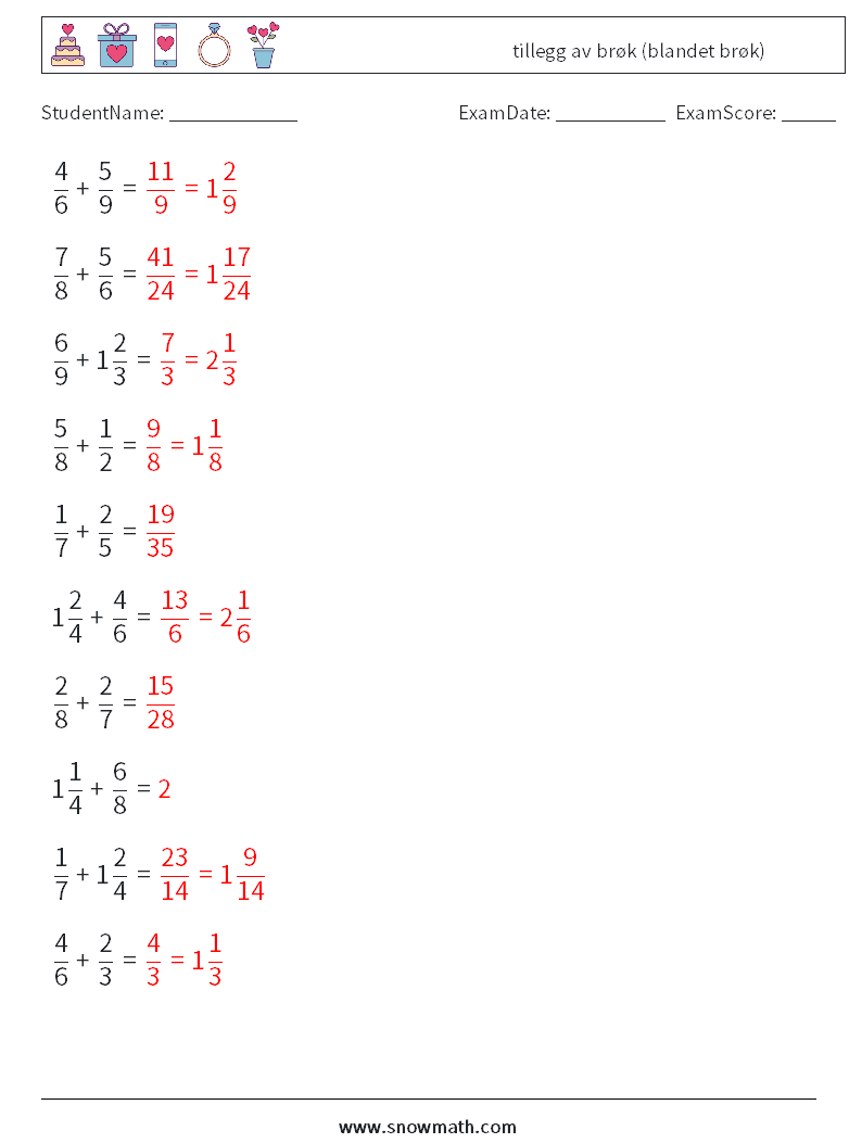 (10) tillegg av brøk (blandet brøk) MathWorksheets 15 QuestionAnswer