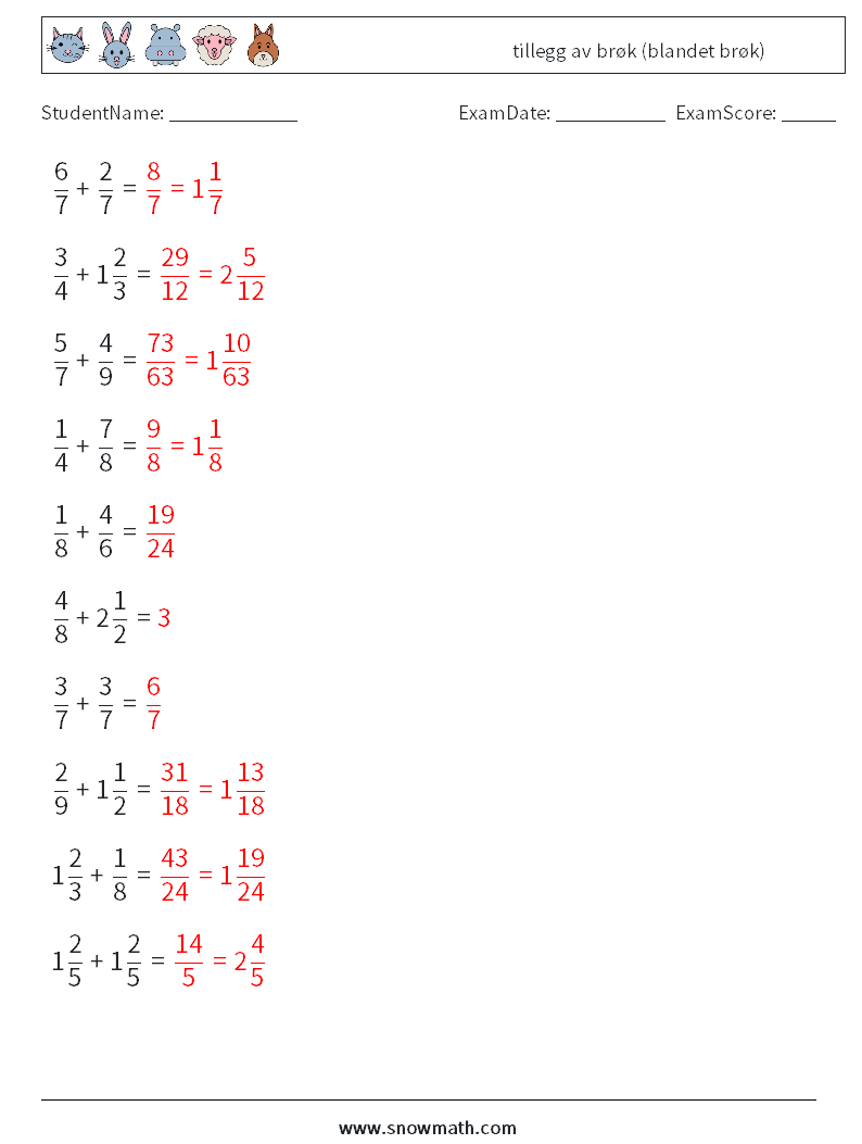 (10) tillegg av brøk (blandet brøk) MathWorksheets 1 QuestionAnswer