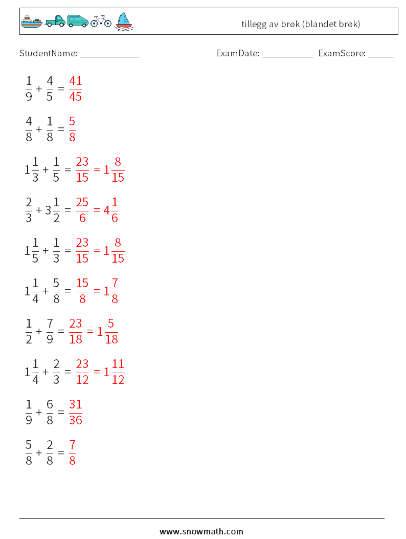 (10) tillegg av brøk (blandet brøk) MathWorksheets 2 QuestionAnswer